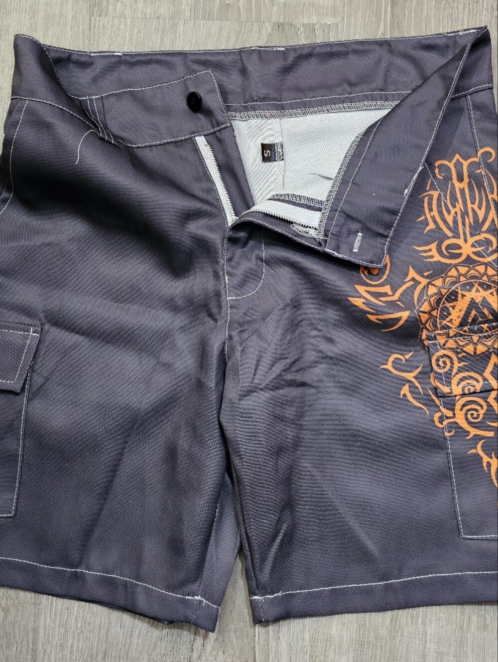 Dark Gray Board Shorts with Orange Tribal Print